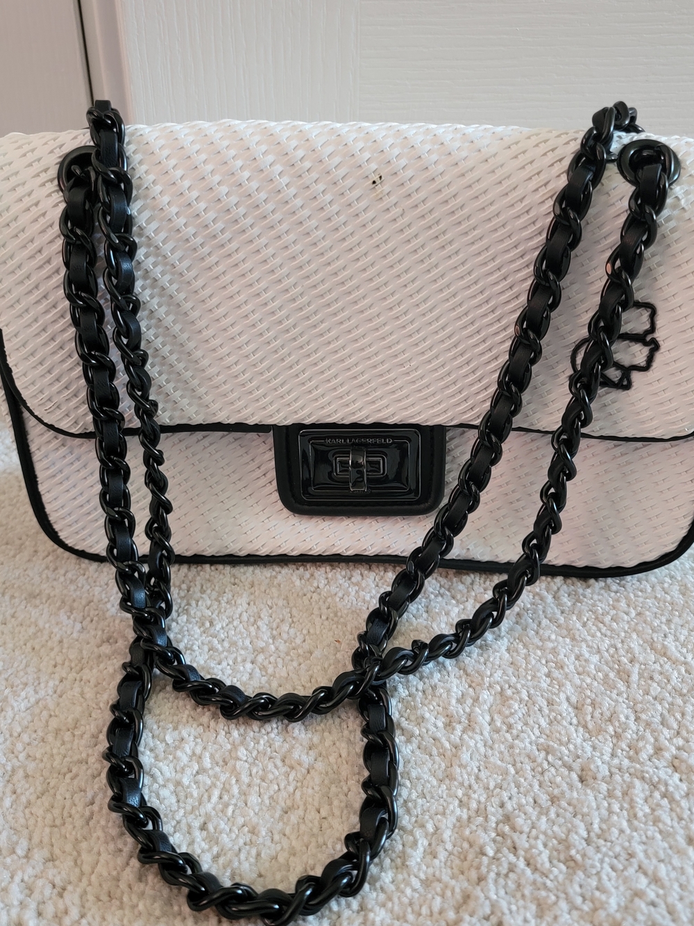 Karl Lagerfeld White Quilted Shoulder Bag with Black Chain Trim